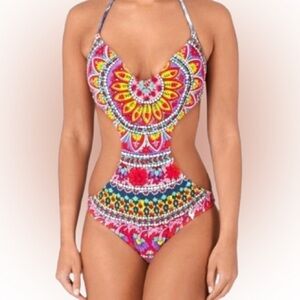 Billabong Womens Y2K One Piece Monokini Swimsuit Boho Multicolored Floral Medium